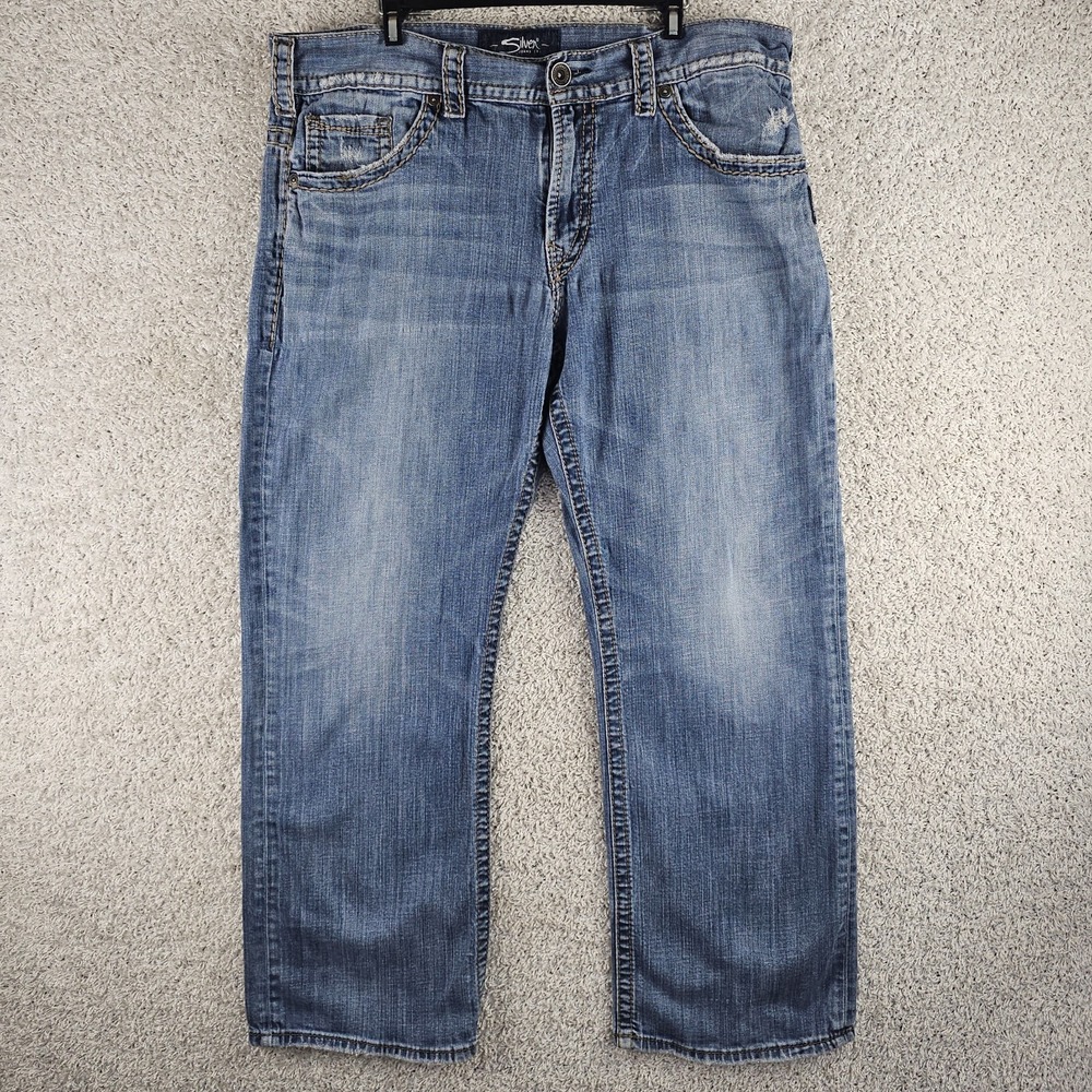 Silver Gordie Western Glove Denim Jeans Thick Stitch Distressed 38x32 (31)